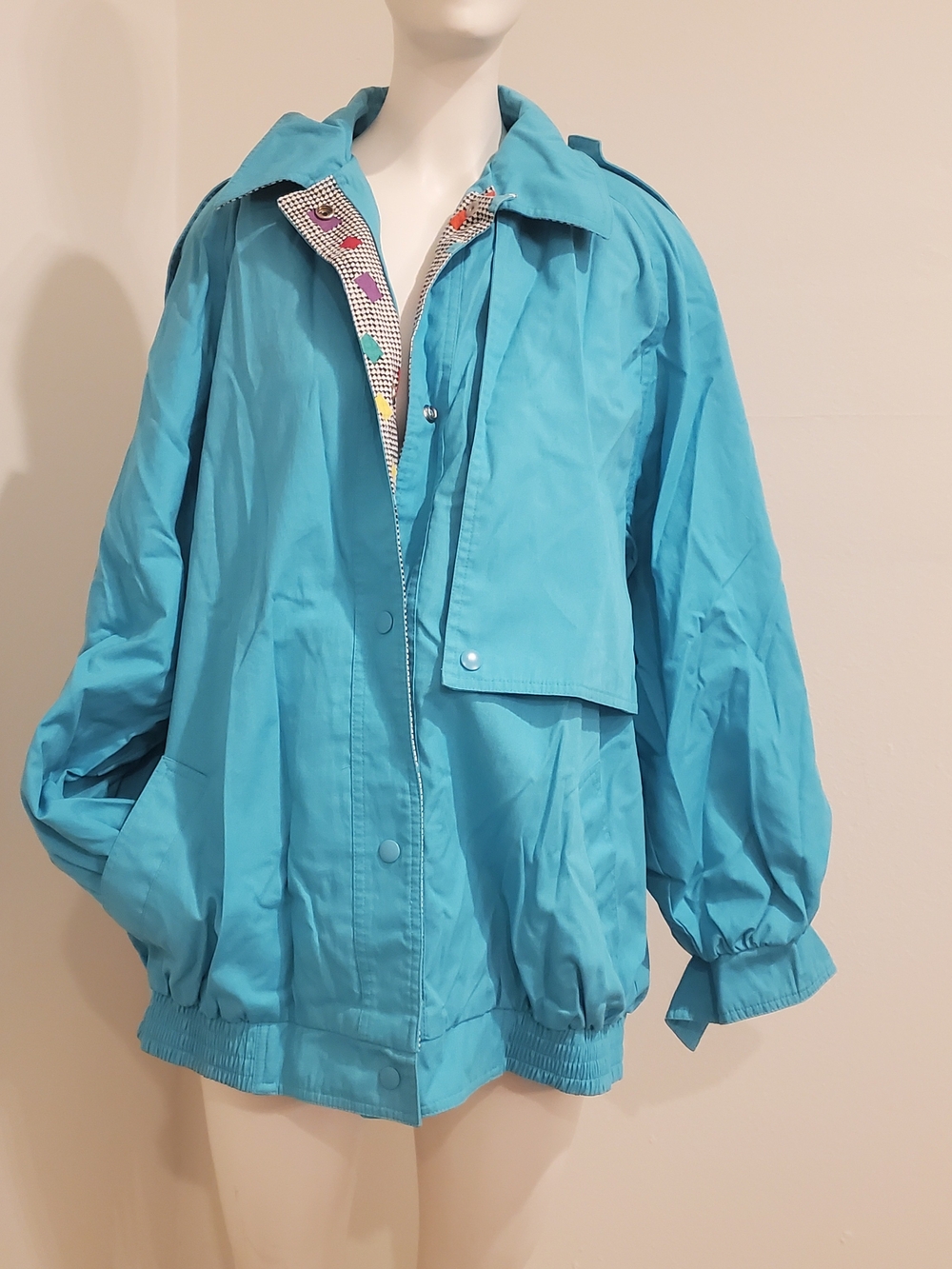 Vintage 80s Fleet Street Turquoise Jacket Large Graphic Lining Windbreaker Bombe